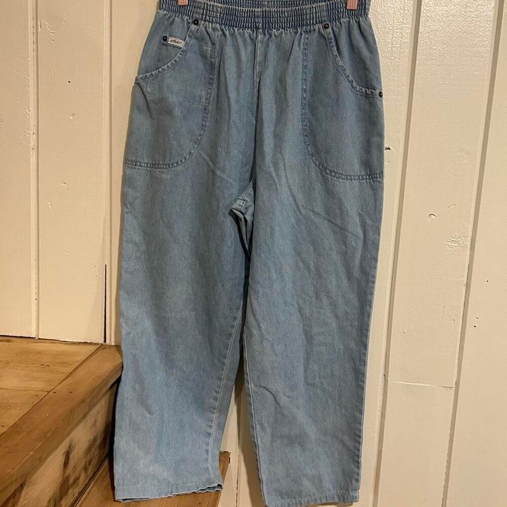 Vintage Chic Elastic Waist High Rise Mom Jeans Tapered Leg Blue Size 10